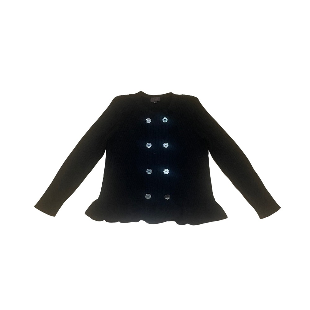 Pure Collection Womens L Black Cashmere Lambswool Ribbed Peplum Cardigan Sweater